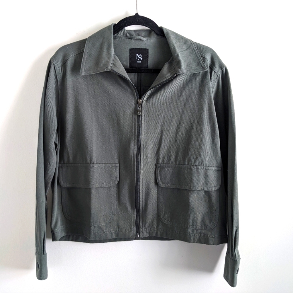 NASO Unisex Cropped Utility Jacket Army Green M Worker Collared Zippered